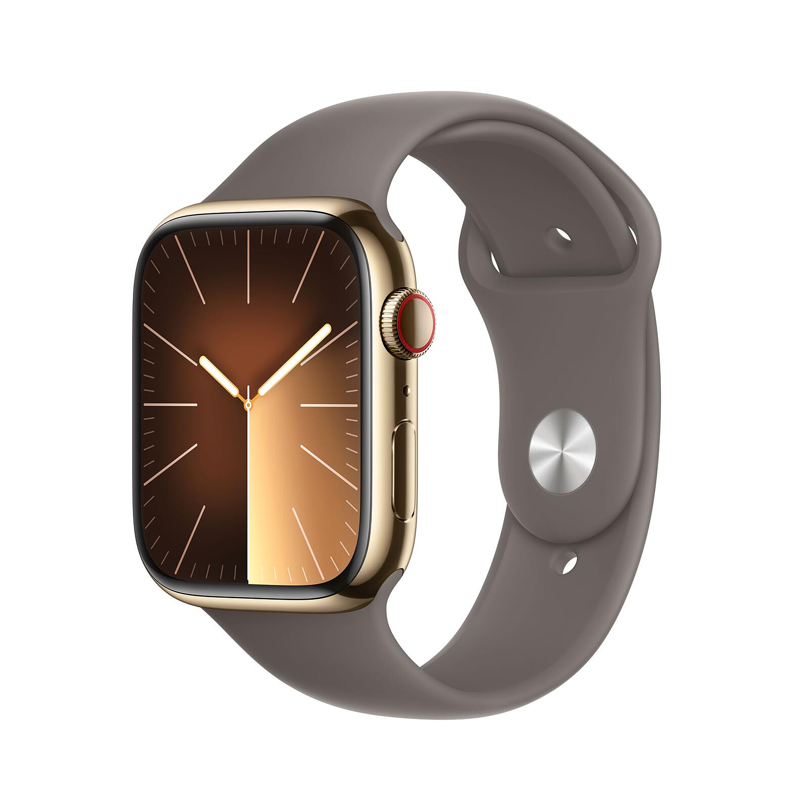 Apple Watch Series 9 GPS + Cellular Acier Inoxydable Or Bracelet Sport Argile Blanc SM 45 mm Highweb